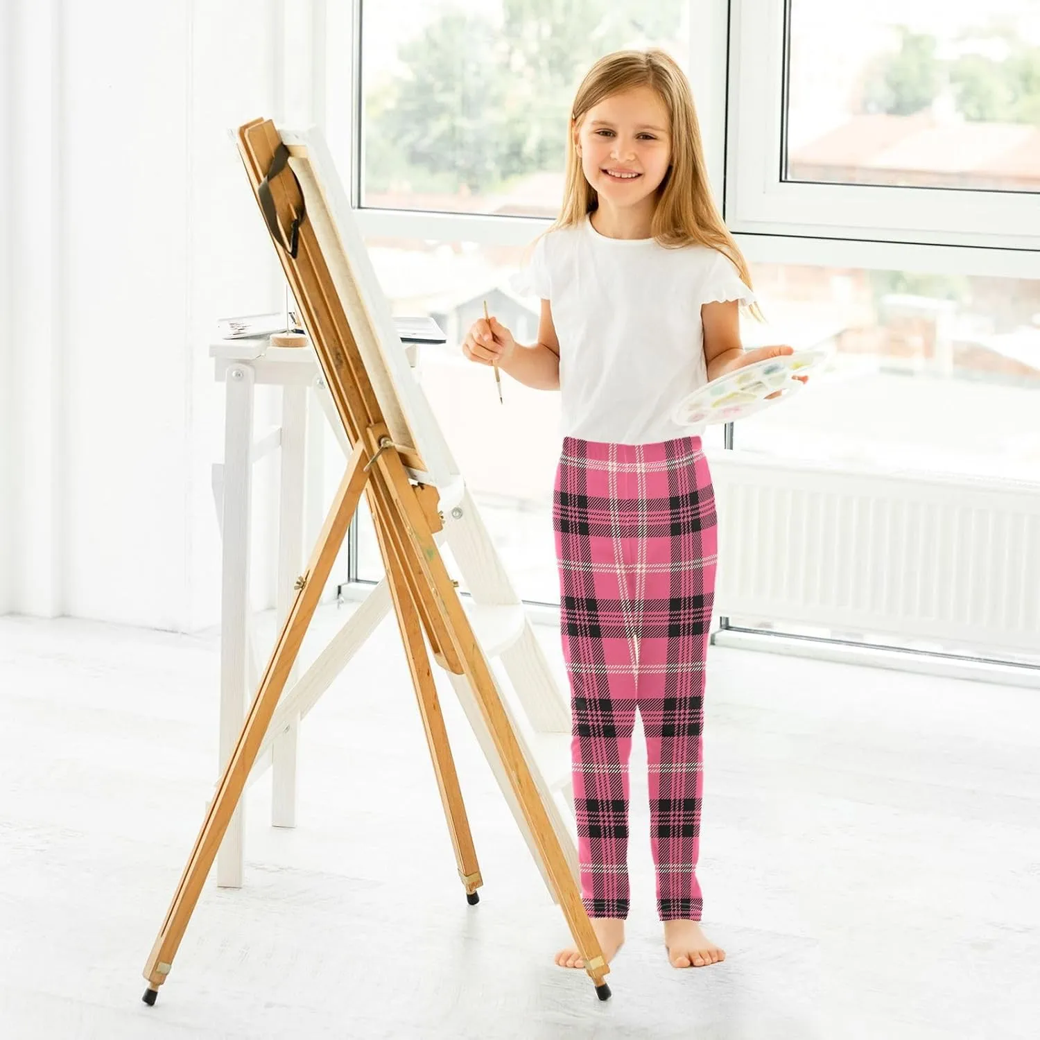 Plaid Leggings for Girls Stretch Pants Soft Girls Leggings Ankle Length Leggings for Kids Toddler 4-10 Years