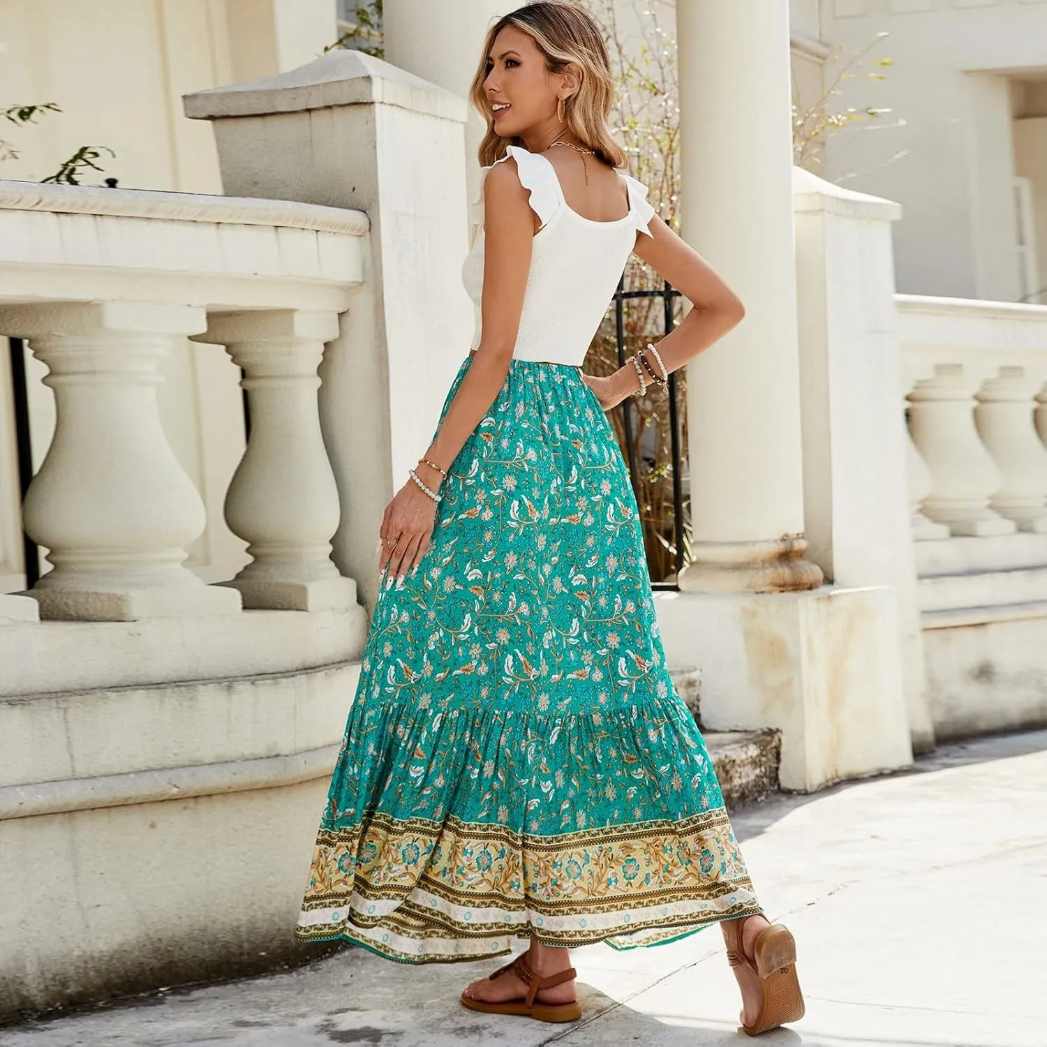 Pleated Skirts for Women,Wrap Drawstring Tiered Flowy Maxi Skirts 2025 Trendy Casual Long Boho Skirt Spring Summer