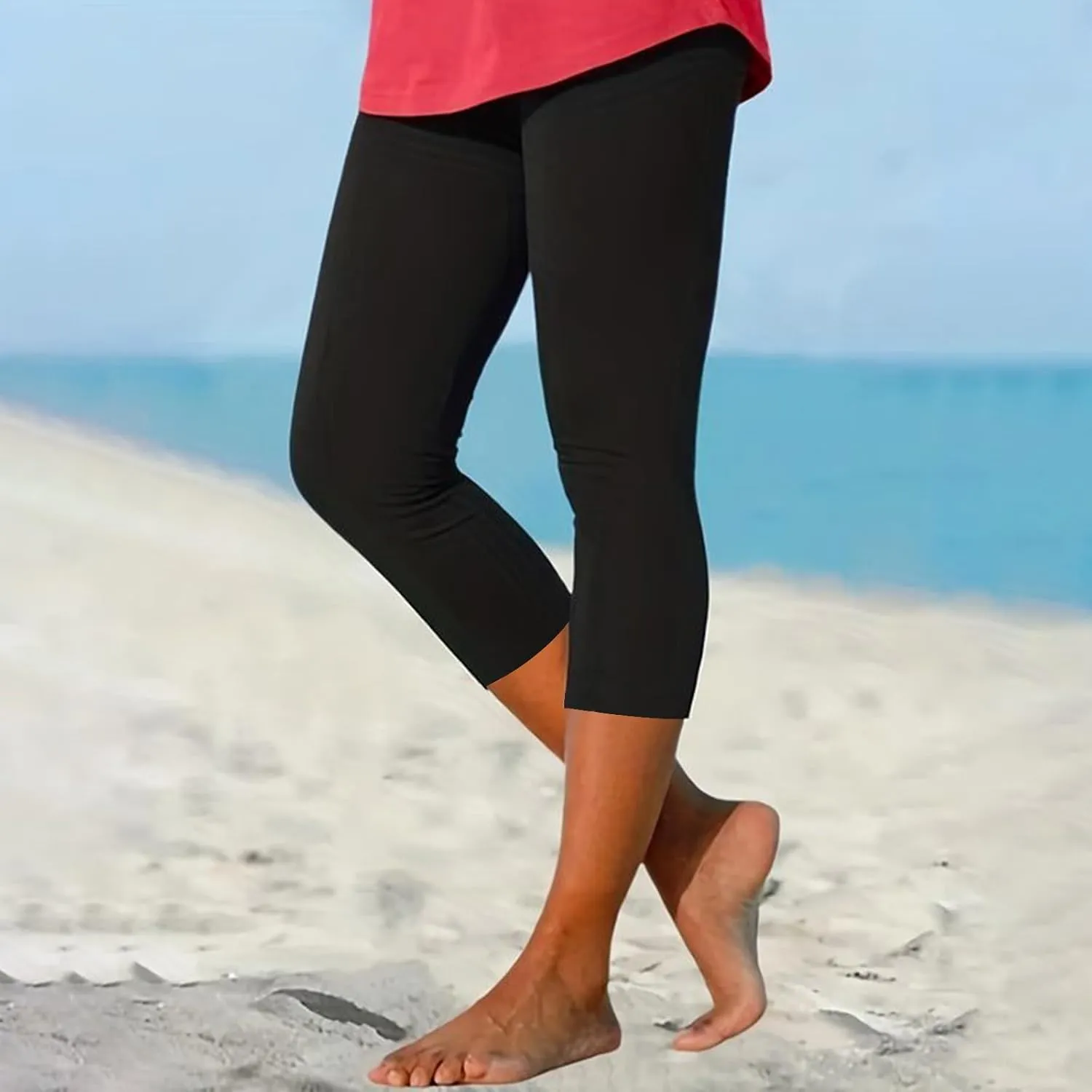 Plus Size Leggings Printed Stretch High Waist Elastic Cropped Pants Resort Beach Leggings Leggings with Pockets