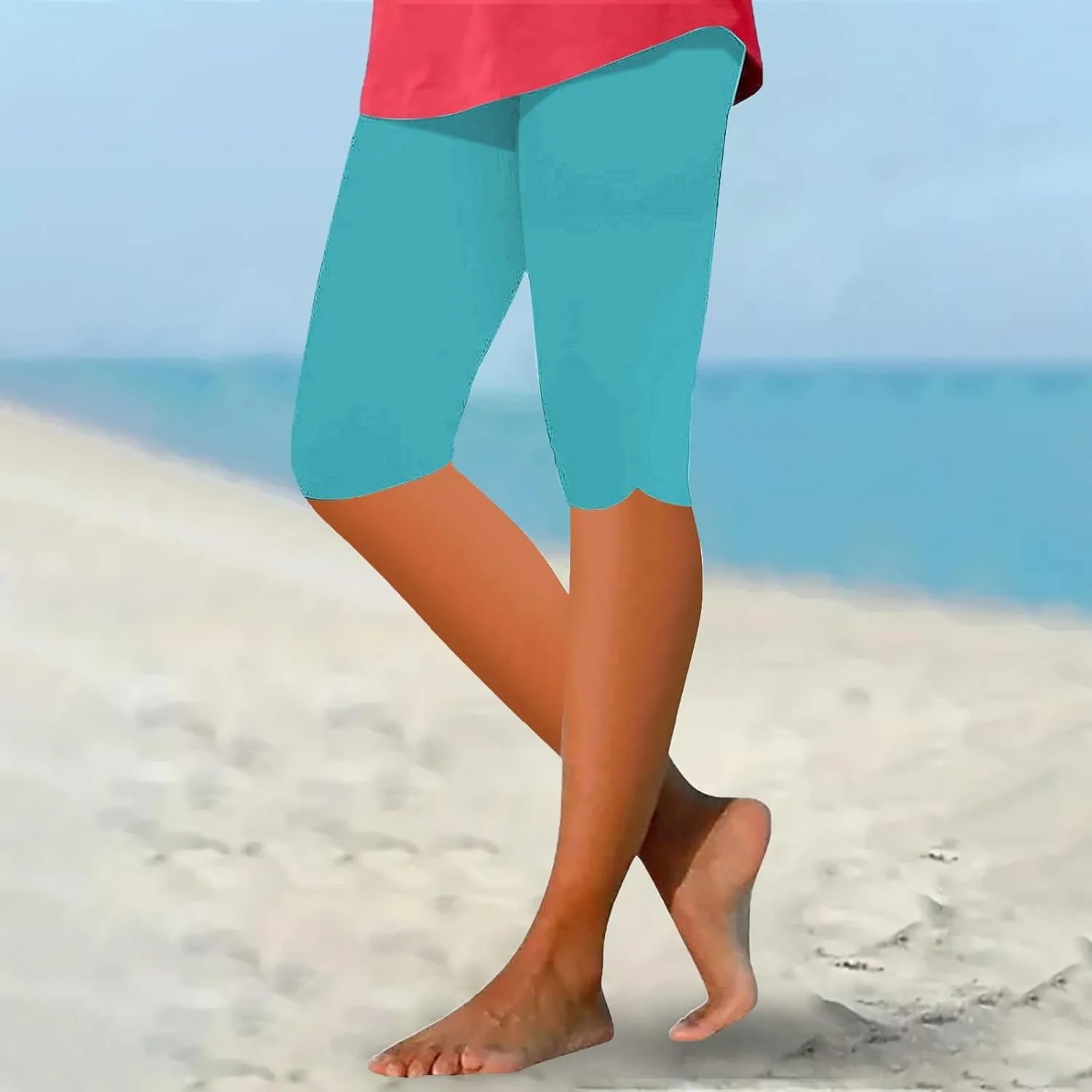 Plus Size Leggings Printed Stretch High Waist Elastic Cropped Pants Resort Beach Leggings Leggings with Pockets