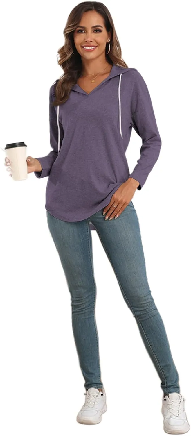 Poetsky Womens V Neck Long Short Sleeve Shirts Drawstring Hoodies Lightweight Pullover Tops