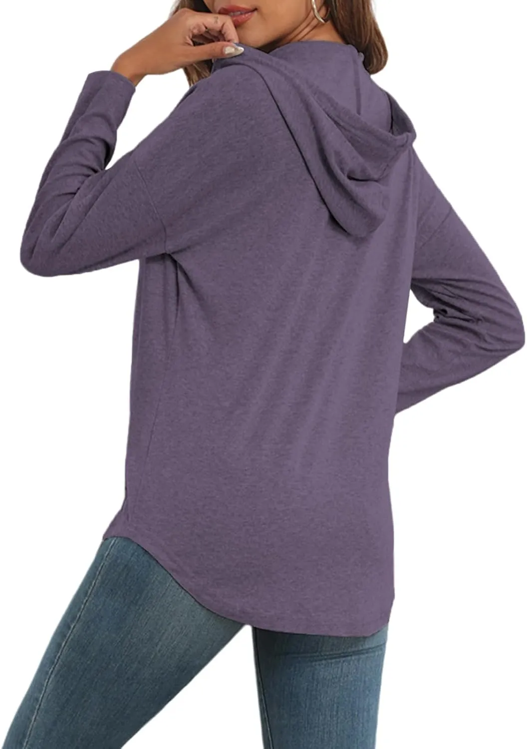 Poetsky Womens V Neck Long Short Sleeve Shirts Drawstring Hoodies Lightweight Pullover Tops