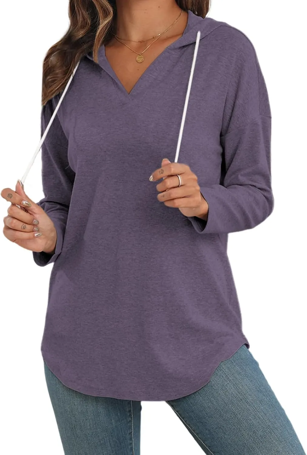 Poetsky Womens V Neck Long Short Sleeve Shirts Drawstring Hoodies Lightweight Pullover Tops