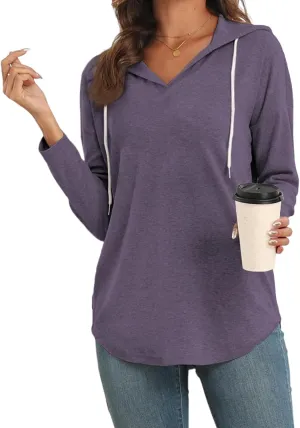 Poetsky Womens V Neck Long Short Sleeve Shirts Drawstring Hoodies Lightweight Pullover Tops