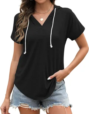 Poetsky Womens V Neck Long Short Sleeve Shirts Drawstring Hoodies Lightweight Pullover Tops