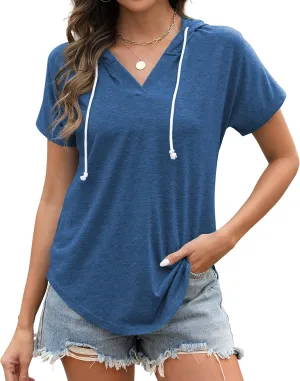 Poetsky Womens V Neck Long Short Sleeve Shirts Drawstring Hoodies Lightweight Pullover Tops