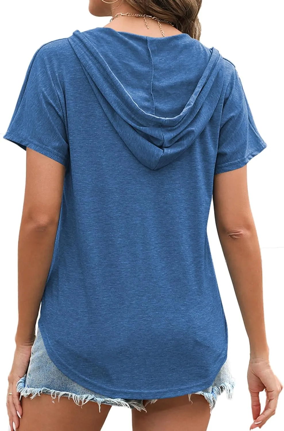Poetsky Womens V Neck Long Short Sleeve Shirts Drawstring Hoodies Lightweight Pullover Tops