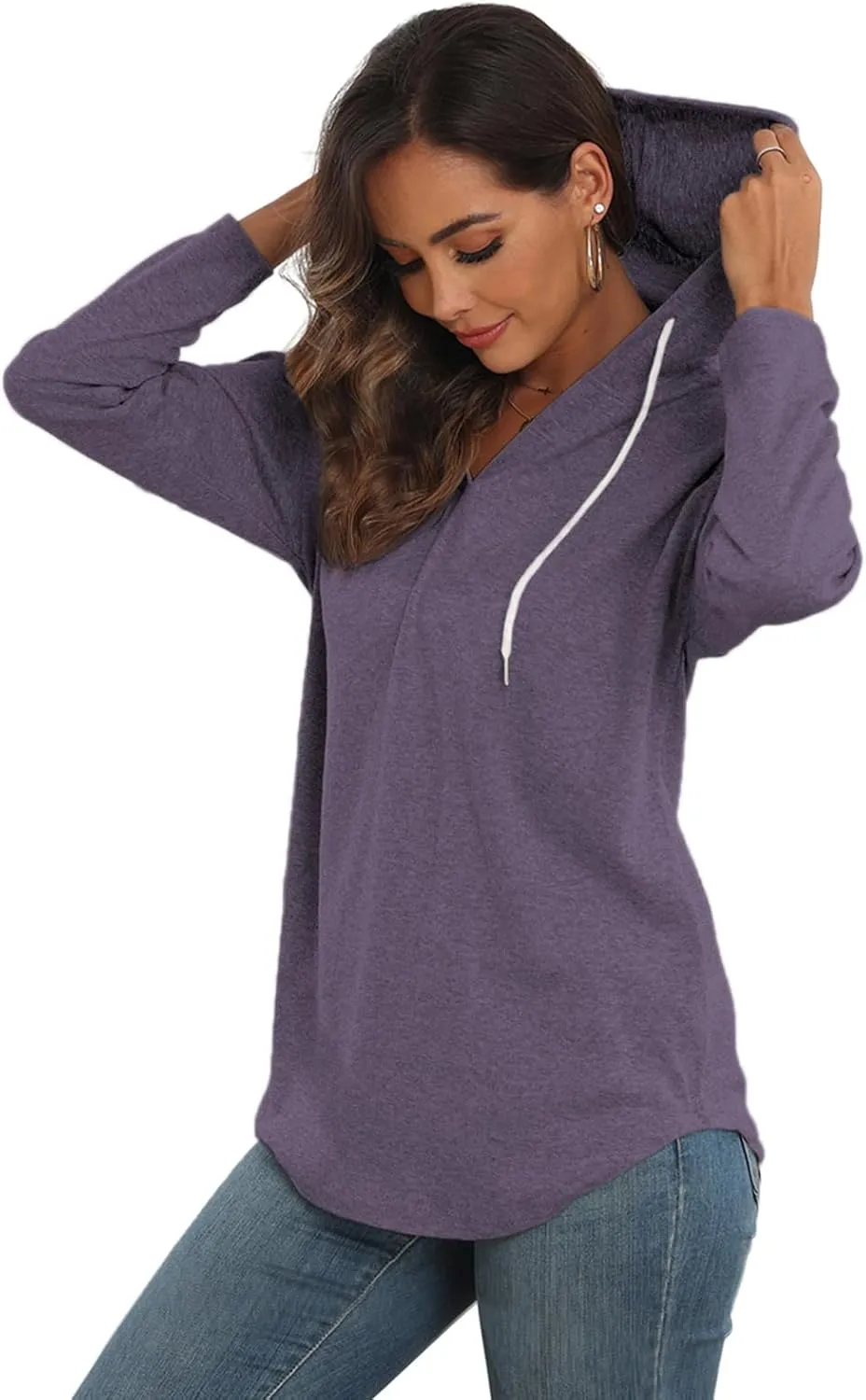Poetsky Womens V Neck Long Short Sleeve Shirts Drawstring Hoodies Lightweight Pullover Tops