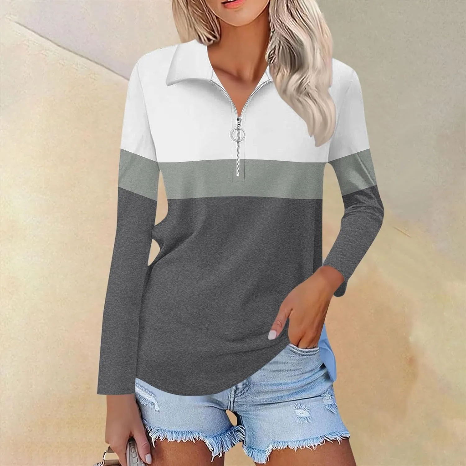 Quarter Zip Pullover Women Long Sleeve Collared Shirts Cozy Soft Tops Pullover Trendy Printed T-Shirts Casual Blouses
