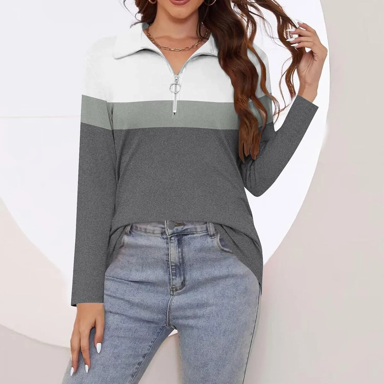 Quarter Zip Pullover Women Long Sleeve Collared Shirts Cozy Soft Tops Pullover Trendy Printed T-Shirts Casual Blouses