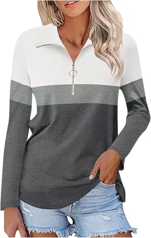 Quarter Zip Pullover Women Long Sleeve Collared Shirts Cozy Soft Tops Pullover Trendy Printed T-Shirts Casual Blouses