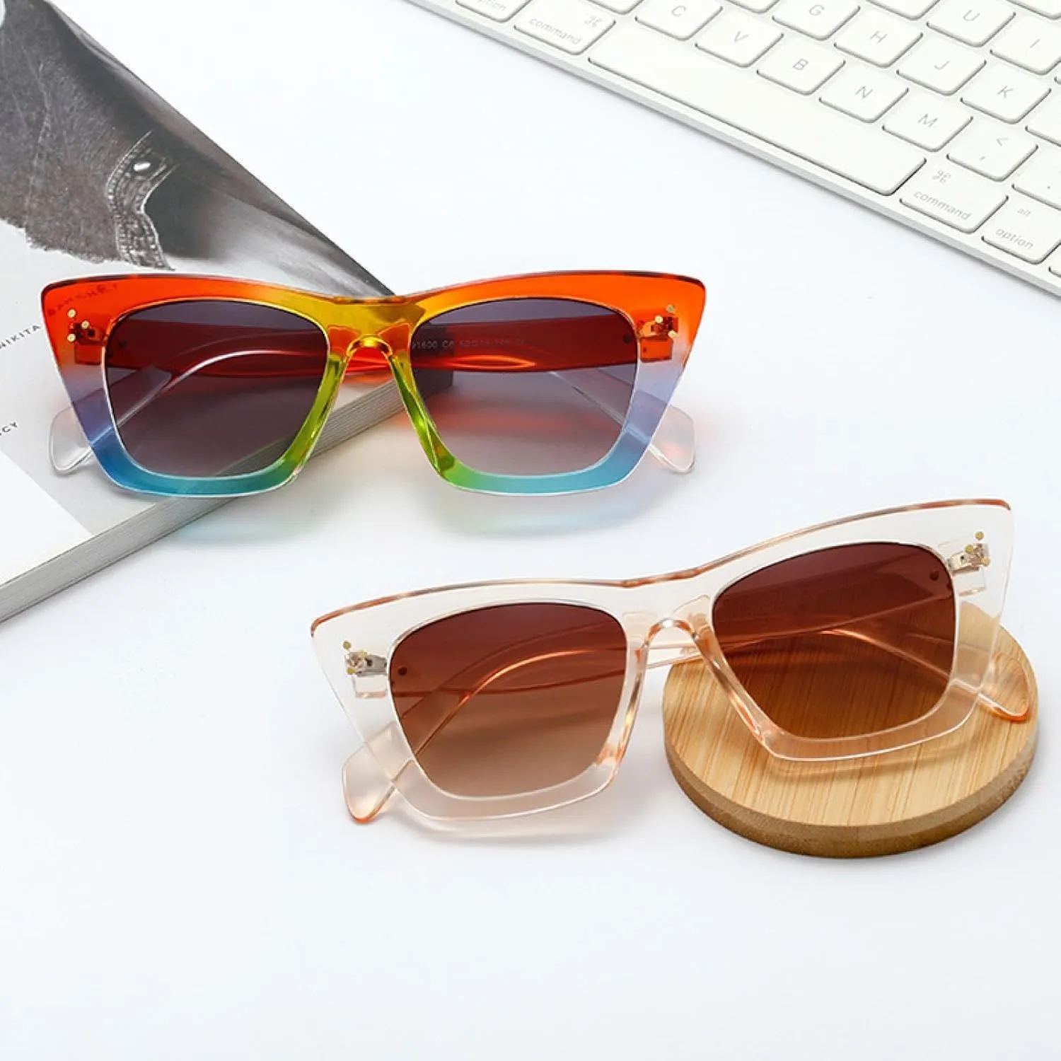Retro Oversized Cat Eye Colorful Sunglasses Women Gradient Trending Rivets Men Shades Uv400