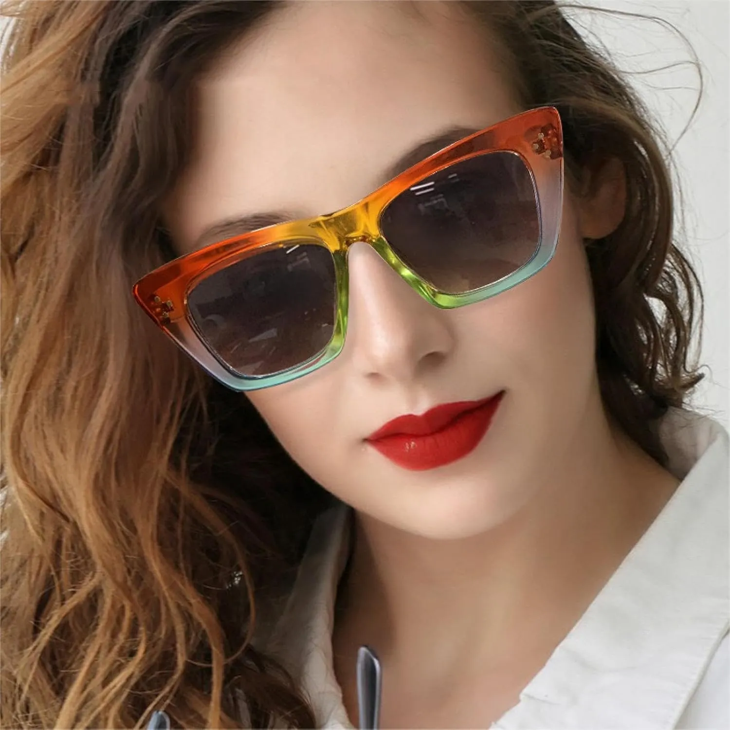 Retro Oversized Cat Eye Colorful Sunglasses Women Gradient Trending Rivets Men Shades Uv400