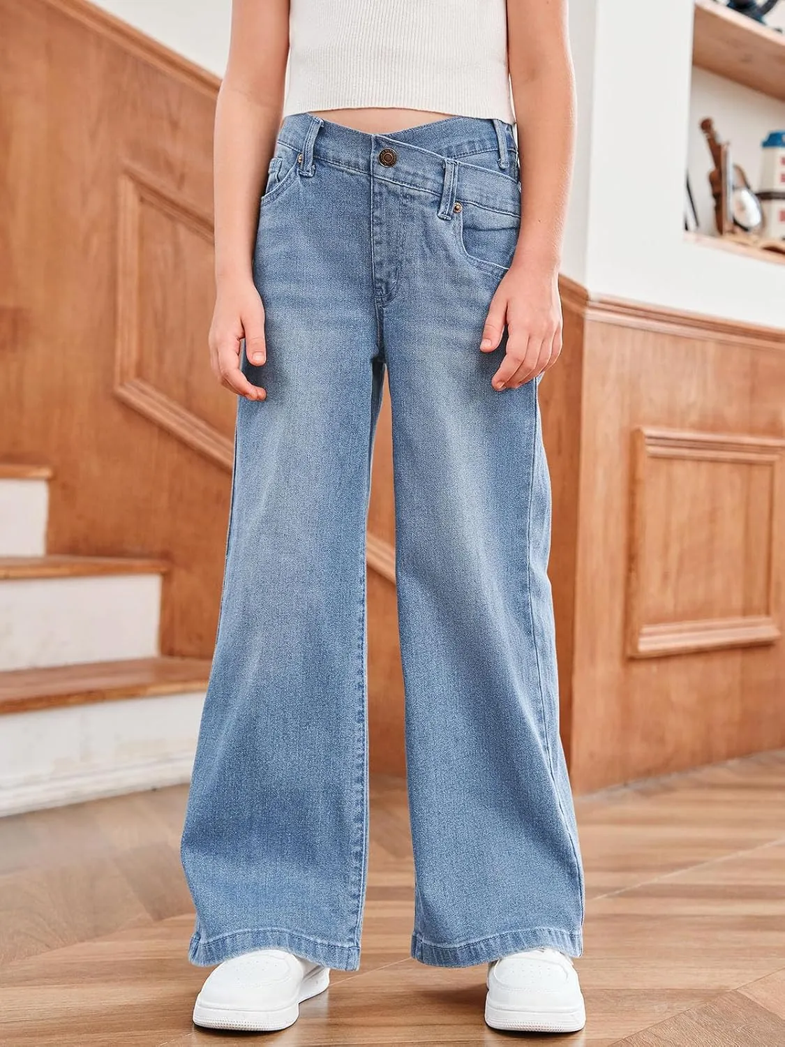 rrhss Girls Flare Jeans Crossover Waisted Wide Leg Jeans Denim Pants for Kids