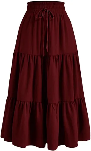 Ruffle Tiered Skirt for Women Summer High Waist Pleated A-Line Flowy Beach Skirts Casual Fashion Vacation Long Skirt