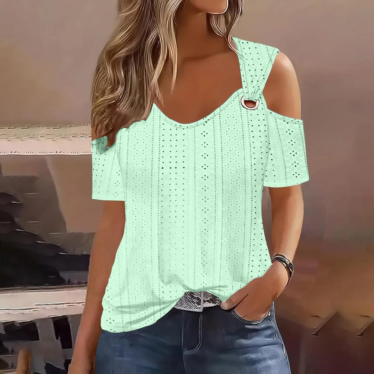 Sexy Cold Sholuder Tops for Women 2025 Summer Hollow Out Eyelet Short Sleeve Blouse Loose V Neck Tshirt Casual Tunics