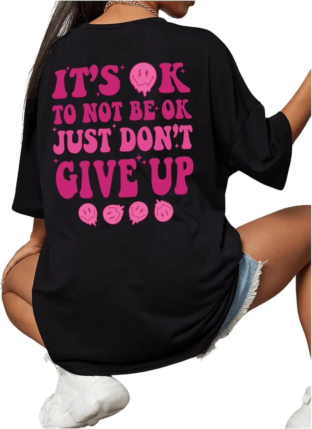 SHENHE Women's Short-Sleeve T Shirts Letter Print Oversized Top Graphic Tees Loose Casual Summer Tops