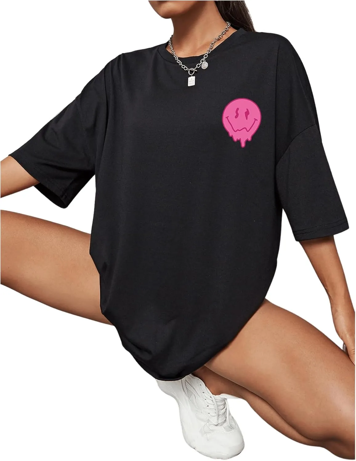 SHENHE Women's Short-Sleeve T Shirts Letter Print Oversized Top Graphic Tees Loose Casual Summer Tops