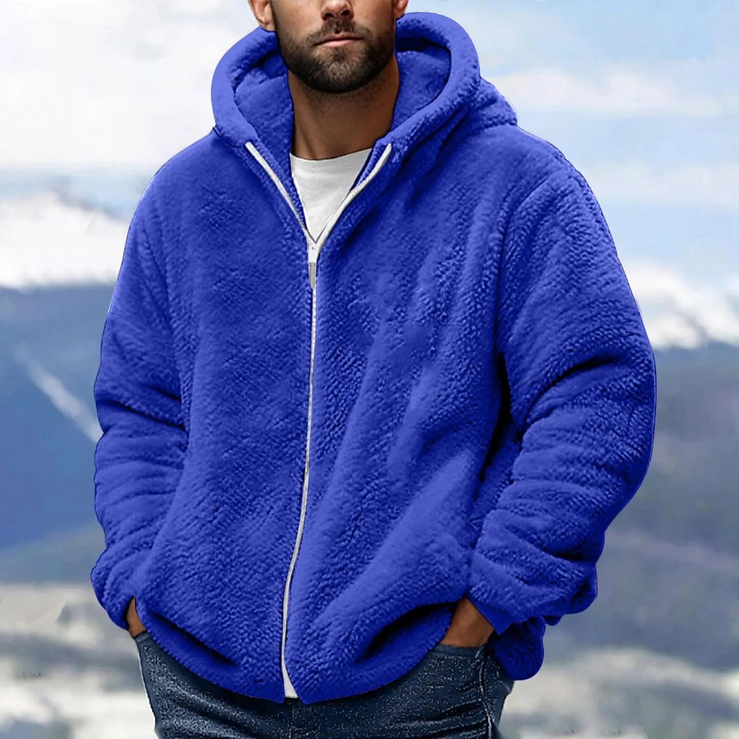 Sherpa Jacket Men Winter Long Sleeve Full Zip Plush Coats Casual Thicken Hooded Jacket Warm Coat Outerwear