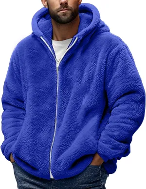 Sherpa Jacket Men Winter Long Sleeve Full Zip Plush Coats Casual Thicken Hooded Jacket Warm Coat Outerwear