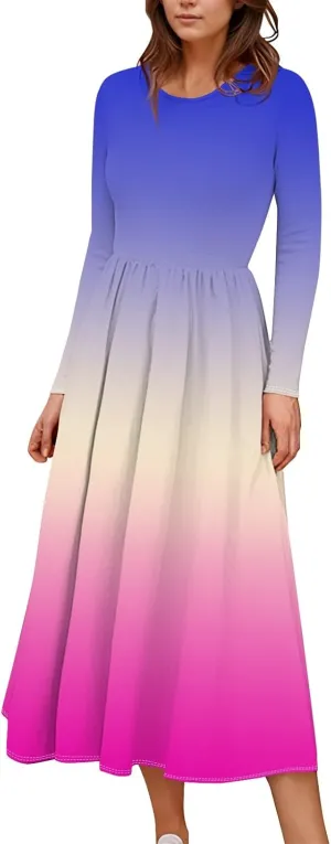 Shift Dress for Women Long Sleeve Round Neck Floral Print Midi Dress Slim Fit Empire Waist Pleated Dress with Pocket