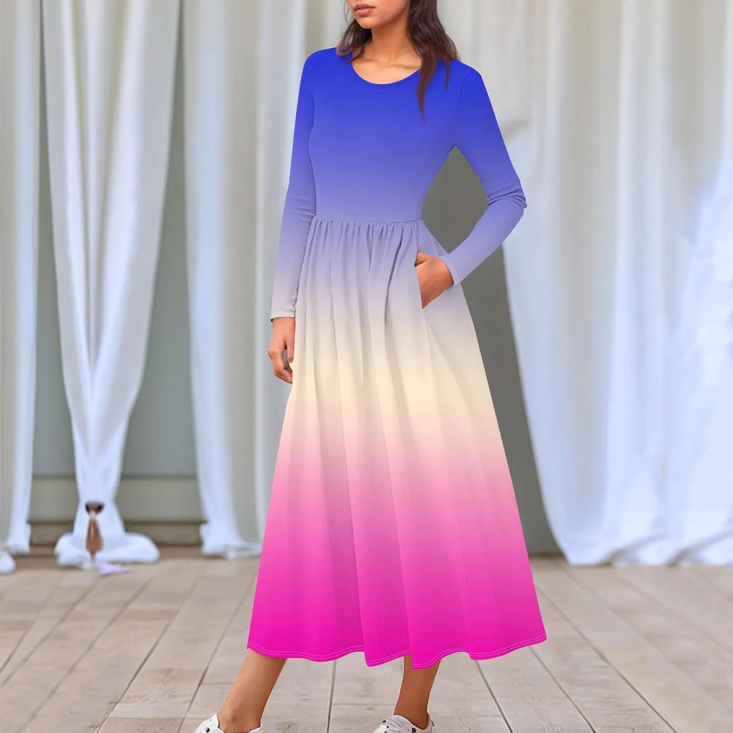 Shift Dress for Women Long Sleeve Round Neck Floral Print Midi Dress Slim Fit Empire Waist Pleated Dress with Pocket