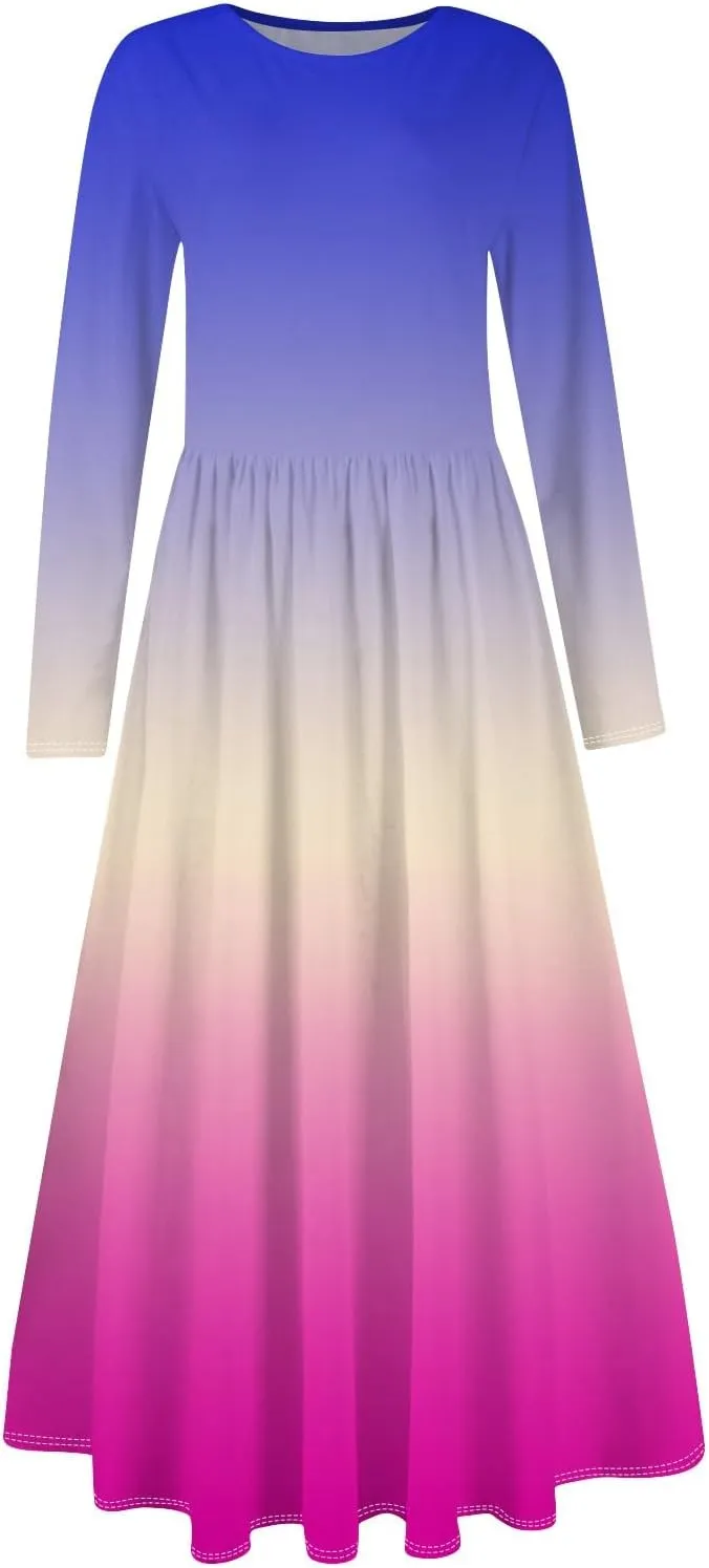 Shift Dress for Women Long Sleeve Round Neck Floral Print Midi Dress Slim Fit Empire Waist Pleated Dress with Pocket