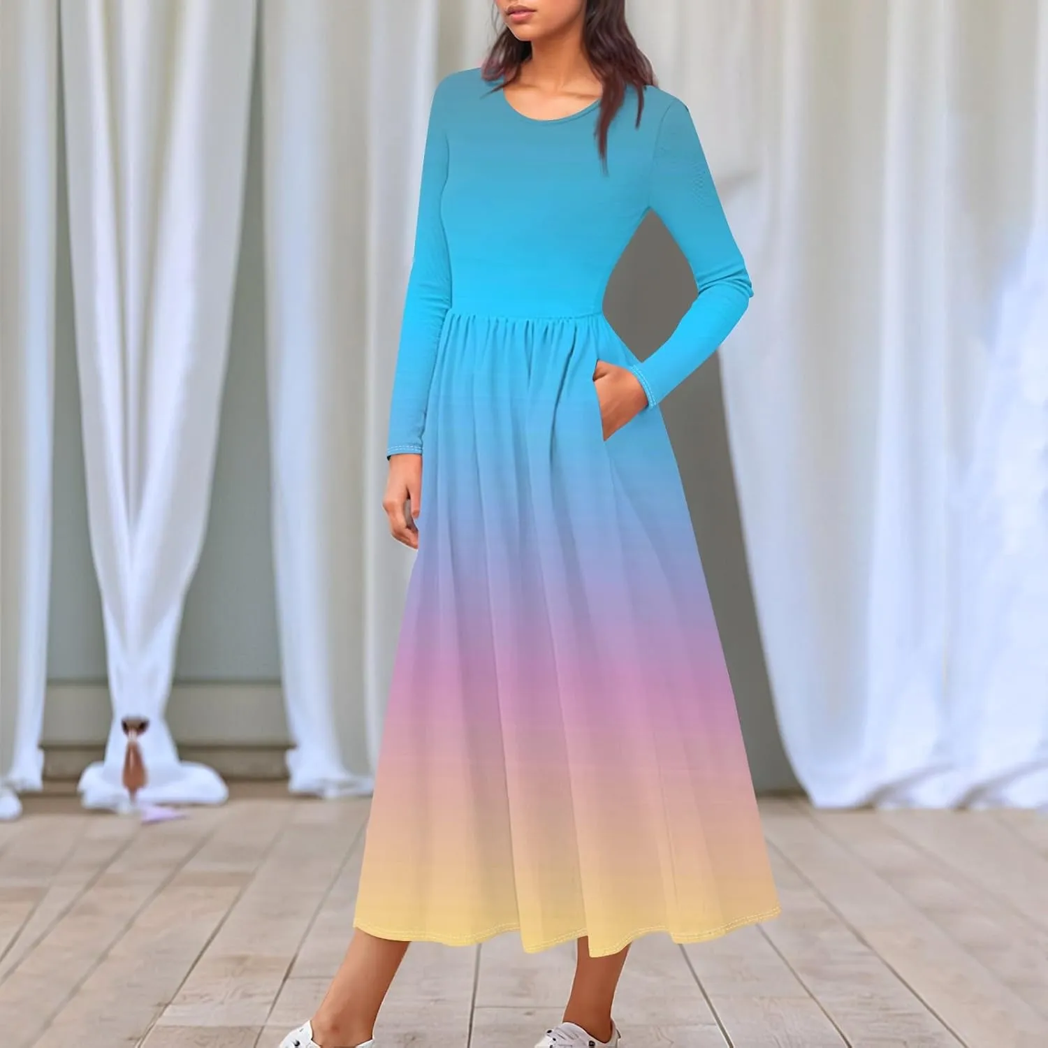 Shift Dress for Women Long Sleeve Round Neck Floral Print Midi Dress Slim Fit Empire Waist Pleated Dress with Pocket