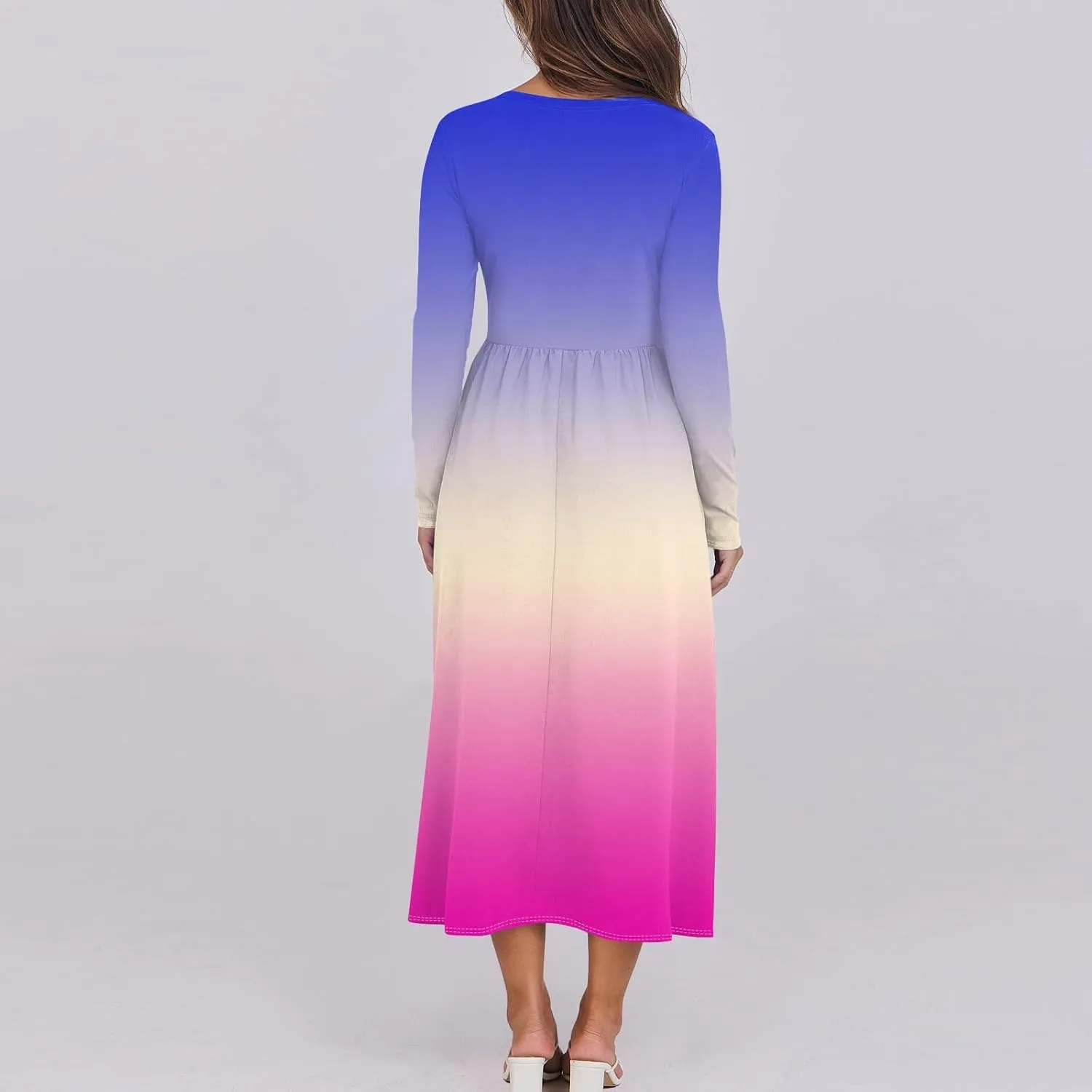 Shift Dress for Women Long Sleeve Round Neck Floral Print Midi Dress Slim Fit Empire Waist Pleated Dress with Pocket