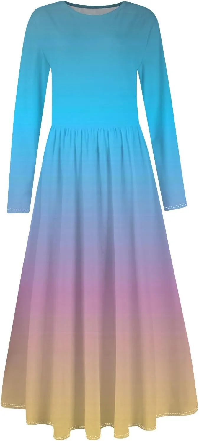Shift Dress for Women Long Sleeve Round Neck Floral Print Midi Dress Slim Fit Empire Waist Pleated Dress with Pocket