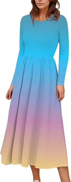 Shift Dress for Women Long Sleeve Round Neck Floral Print Midi Dress Slim Fit Empire Waist Pleated Dress with Pocket