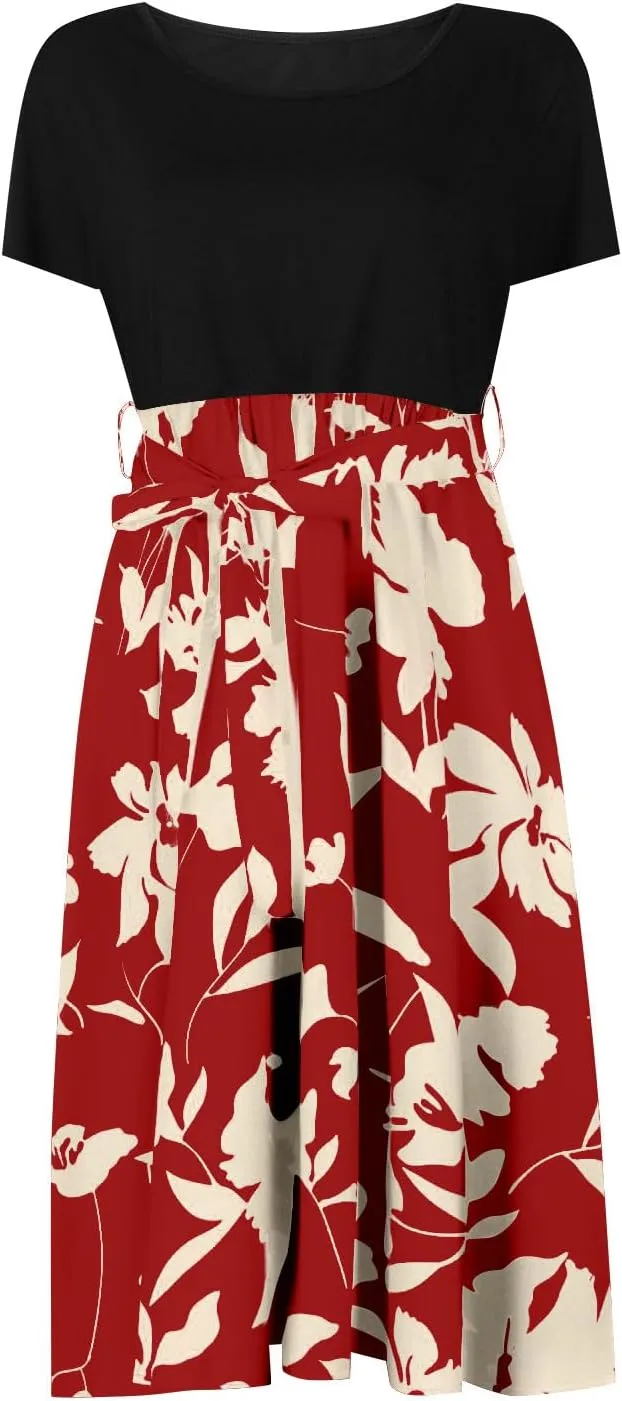 Short Floral Dress for Women 2025 Casual Patchwork Flowy Boho Mini Dress Round Neck Short Sleeve Summer Dresses