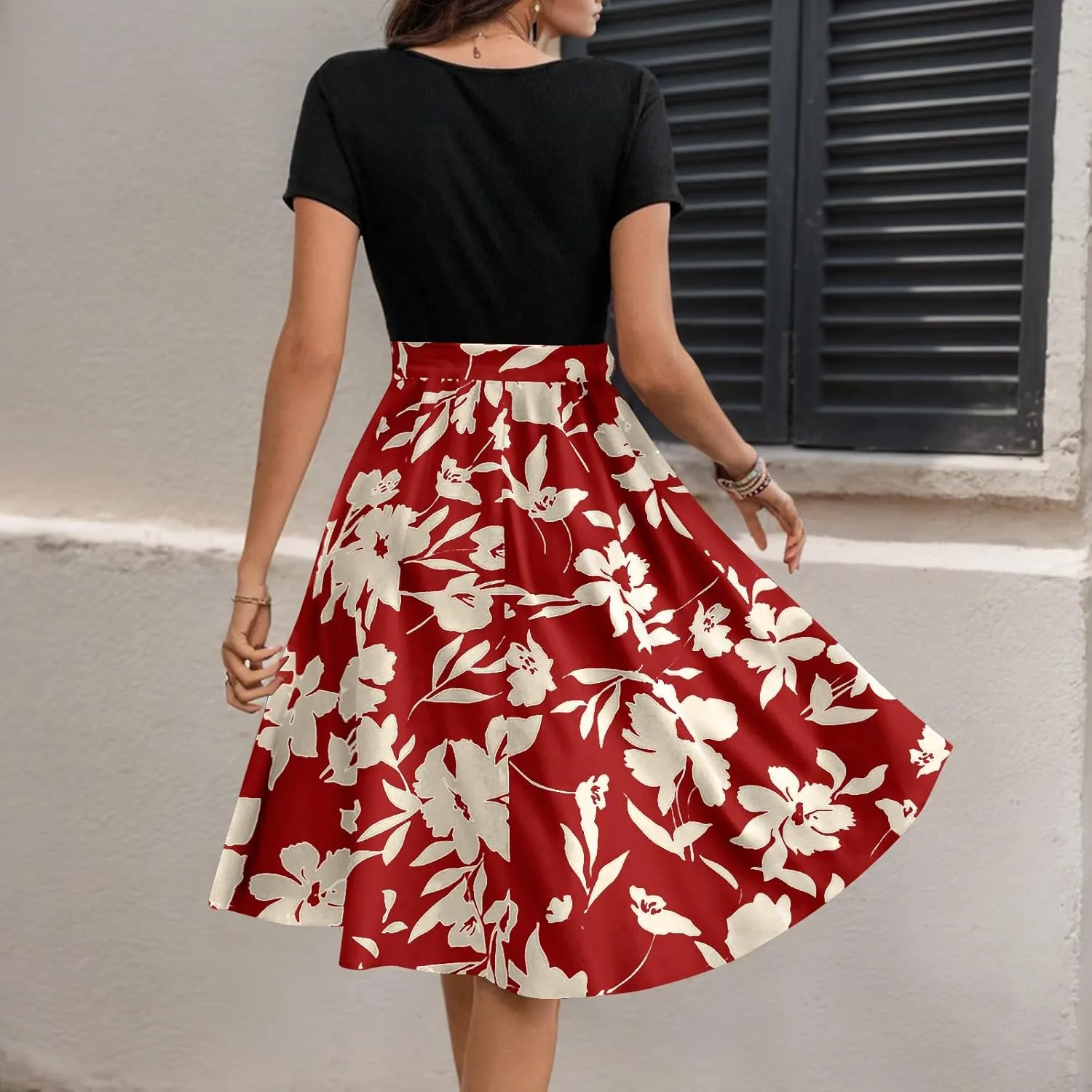 Short Floral Dress for Women 2025 Casual Patchwork Flowy Boho Mini Dress Round Neck Short Sleeve Summer Dresses