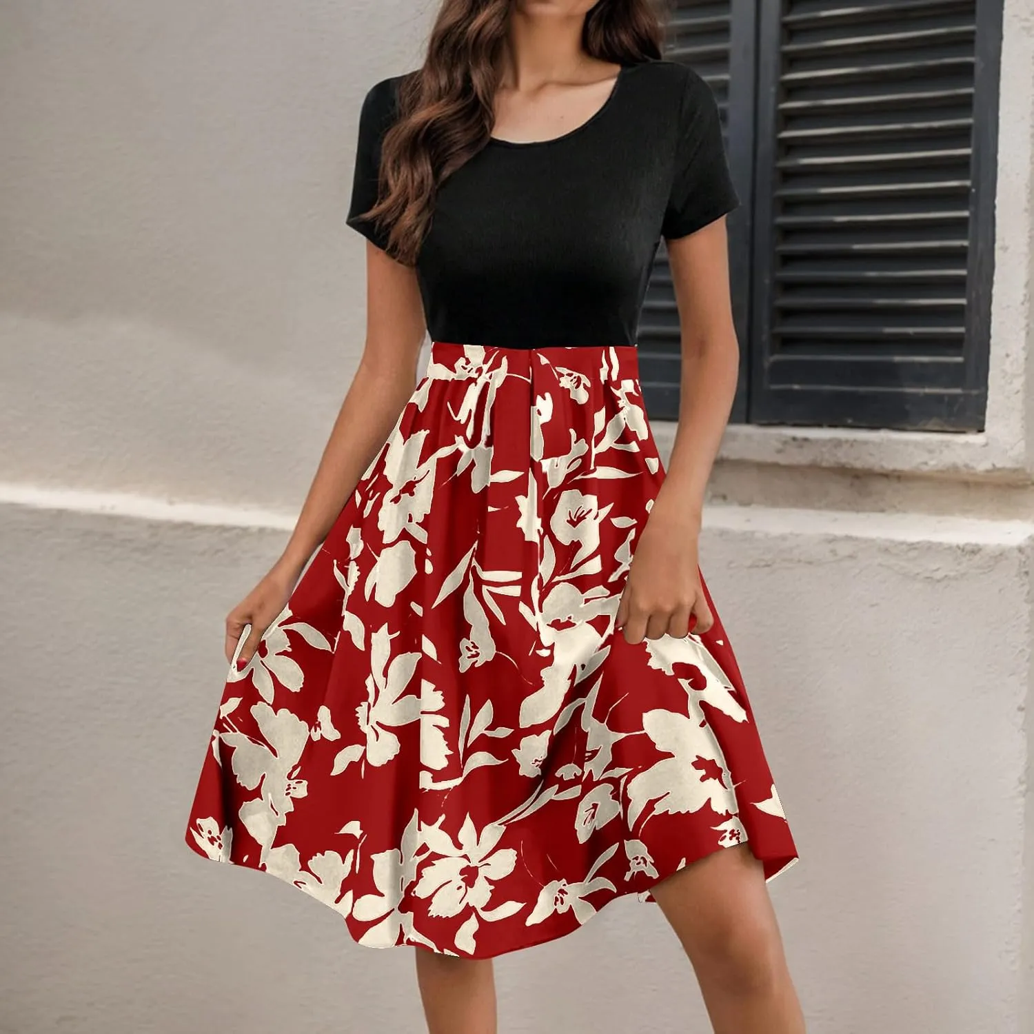 Short Floral Dress for Women 2025 Casual Patchwork Flowy Boho Mini Dress Round Neck Short Sleeve Summer Dresses