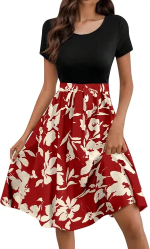 Short Floral Dress for Women 2025 Casual Patchwork Flowy Boho Mini Dress Round Neck Short Sleeve Summer Dresses