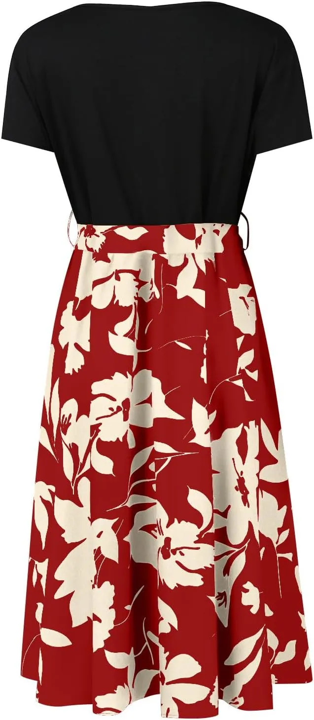 Short Floral Dress for Women 2025 Casual Patchwork Flowy Boho Mini Dress Round Neck Short Sleeve Summer Dresses