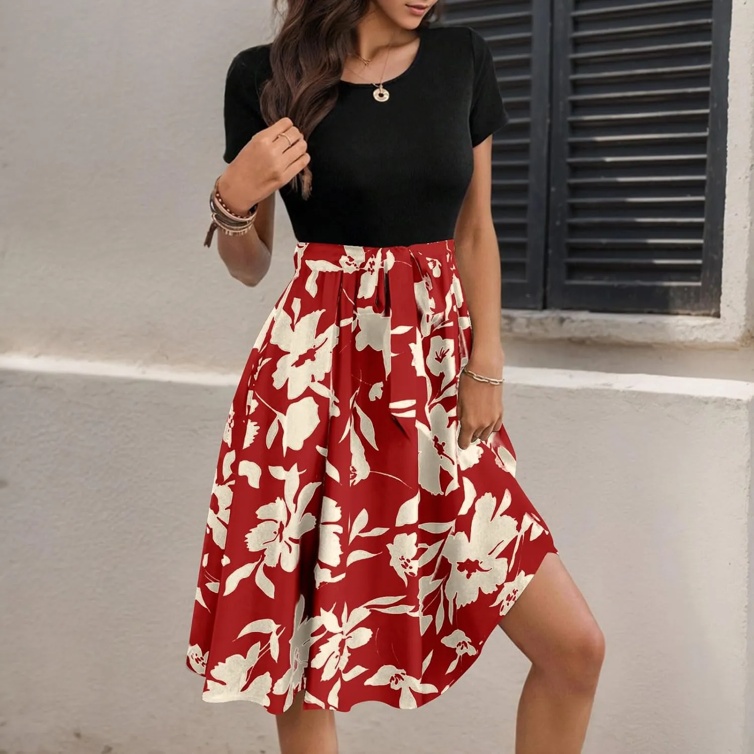 Short Floral Dress for Women 2025 Casual Patchwork Flowy Boho Mini Dress Round Neck Short Sleeve Summer Dresses