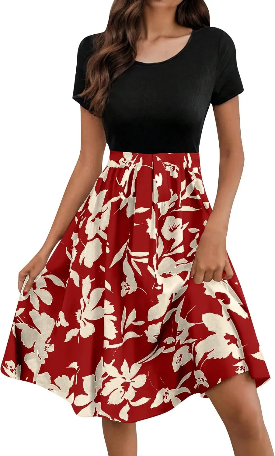 Short Floral Dress for Women 2025 Casual Patchwork Flowy Boho Mini Dress Round Neck Short Sleeve Summer Dresses