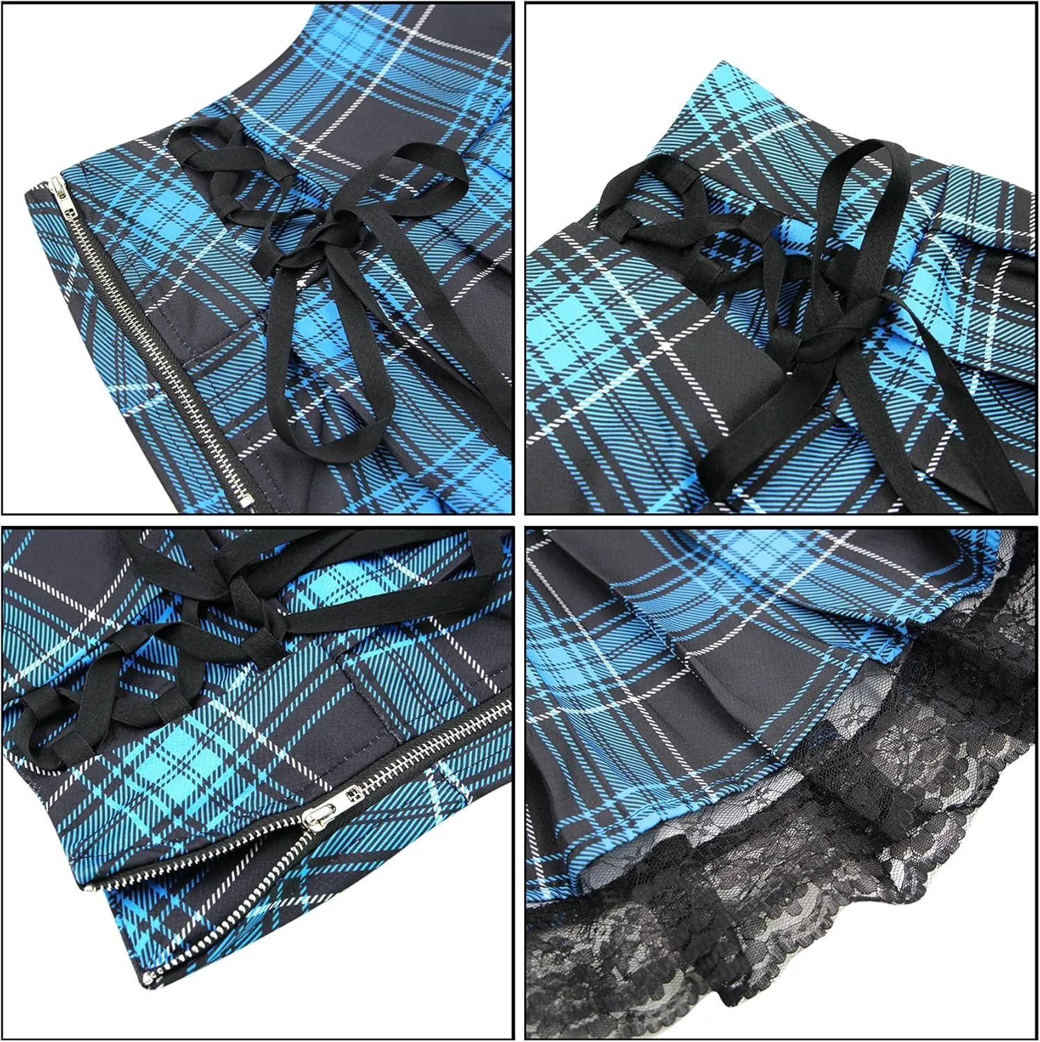 Suillty Women Girls High Waisted Gothic Pleated Skirt Plaid Lace Up A-Lined Mini Skirt Punk Lace Patchwork