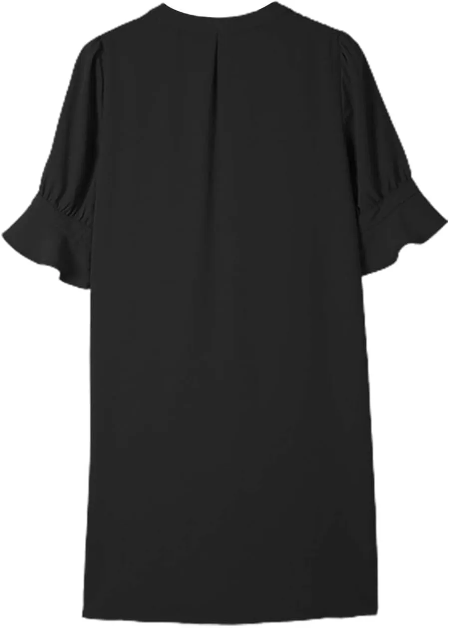 Summer Dresses for Women 2024 Casual V Neck Stylish Tunic Dress Ruffle Short Sleeve Solid Color Loose Flowy Shirt Dresses