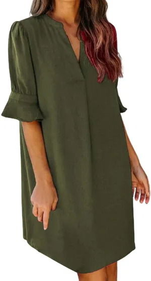 Summer Dresses for Women 2024 Casual V Neck Stylish Tunic Dress Ruffle Short Sleeve Solid Color Loose Flowy Shirt Dresses