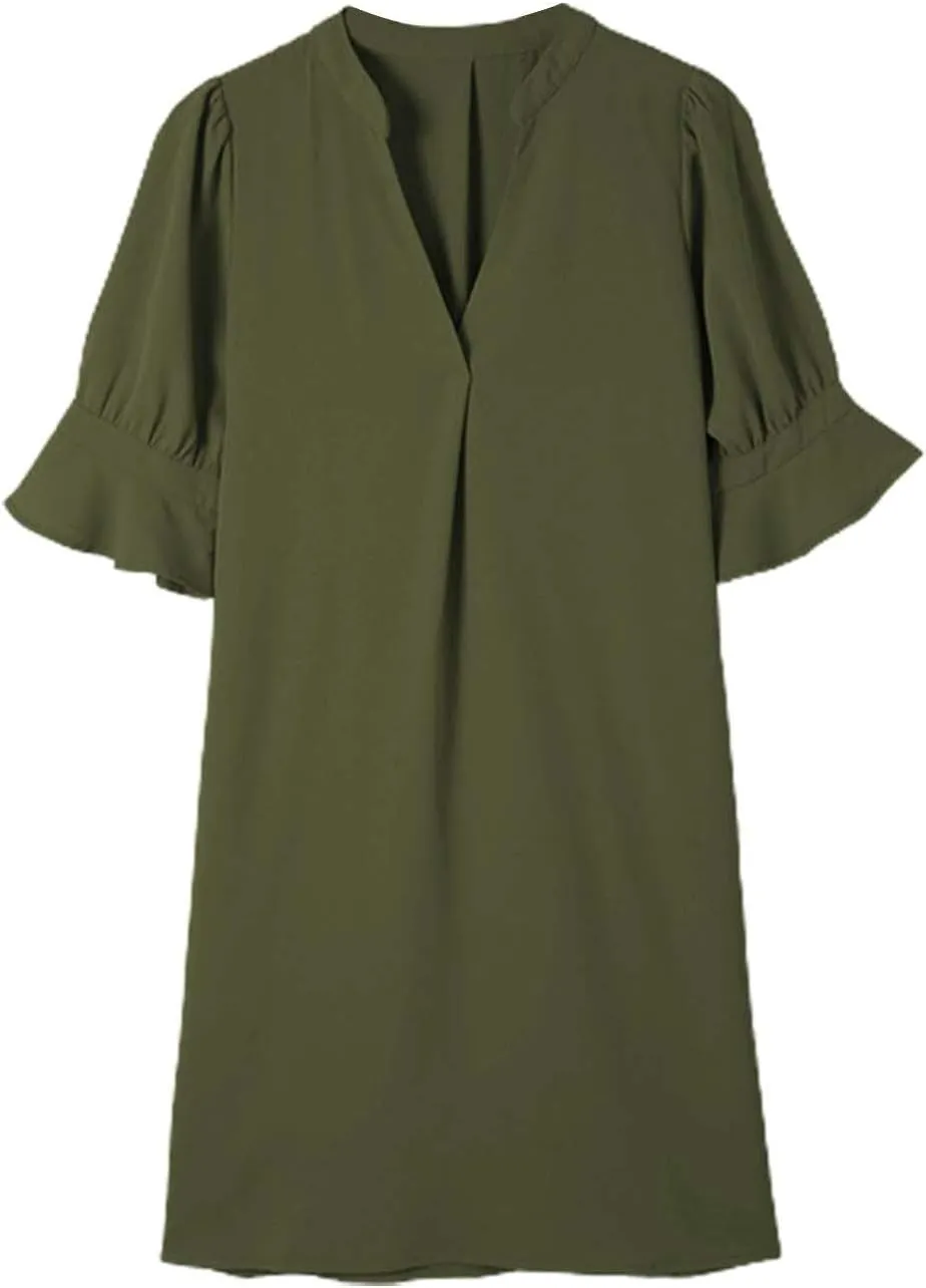 Summer Dresses for Women 2024 Casual V Neck Stylish Tunic Dress Ruffle Short Sleeve Solid Color Loose Flowy Shirt Dresses