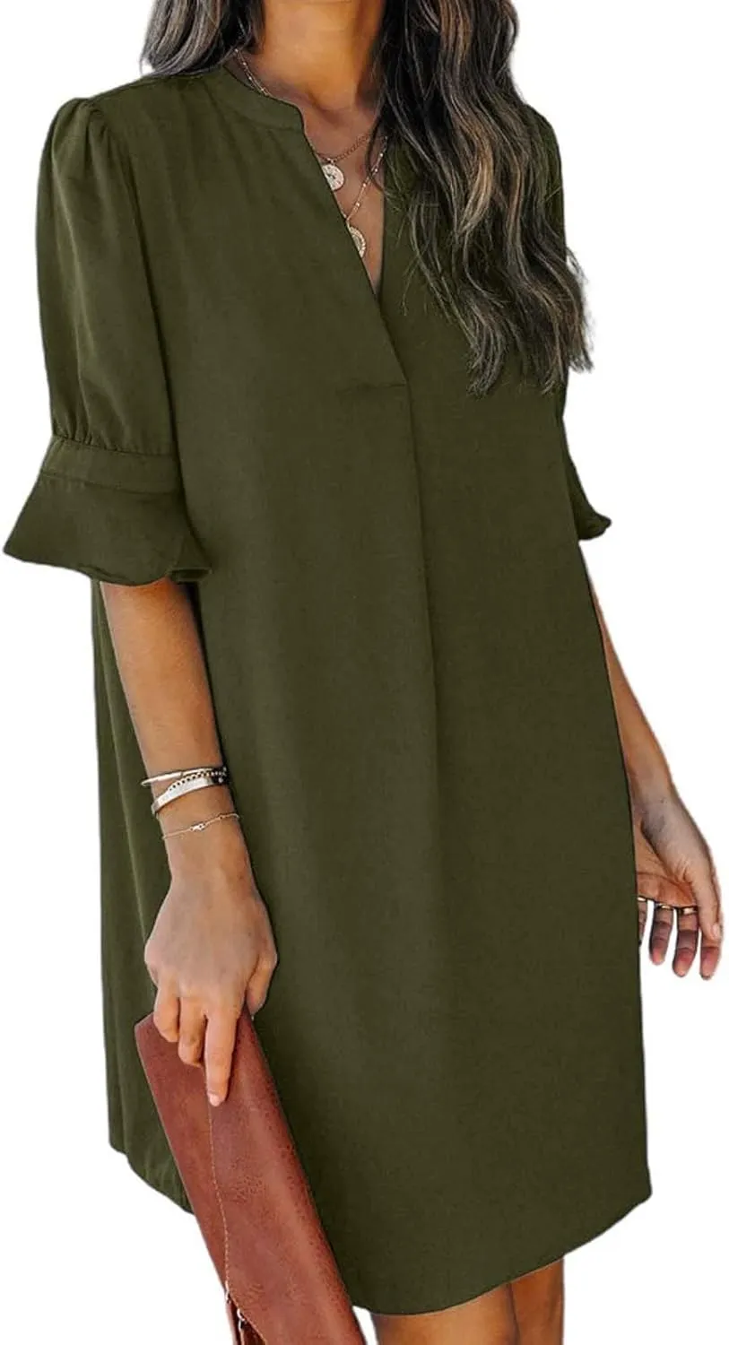 Summer Dresses for Women 2024 Casual V Neck Stylish Tunic Dress Ruffle Short Sleeve Solid Color Loose Flowy Shirt Dresses