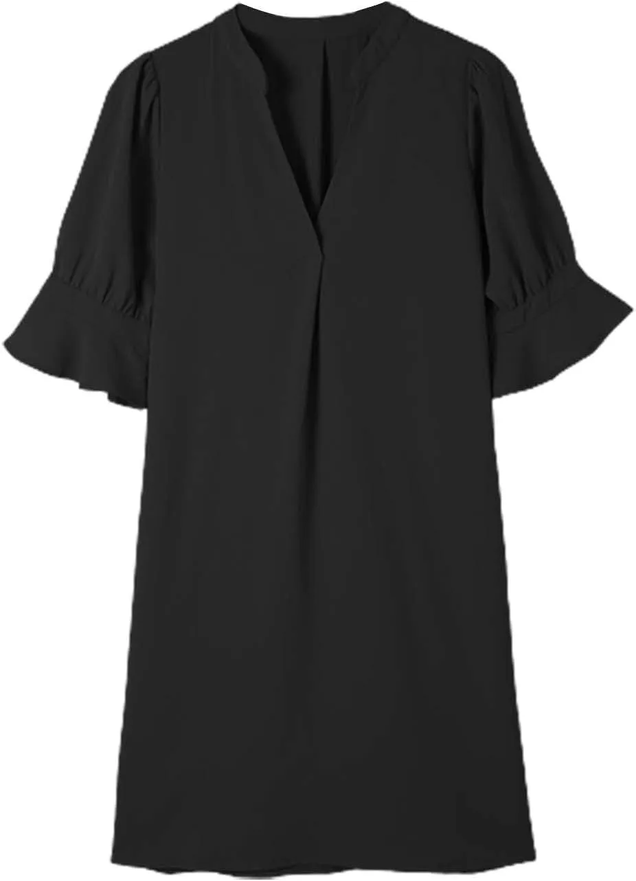 Summer Dresses for Women 2024 Casual V Neck Stylish Tunic Dress Ruffle Short Sleeve Solid Color Loose Flowy Shirt Dresses