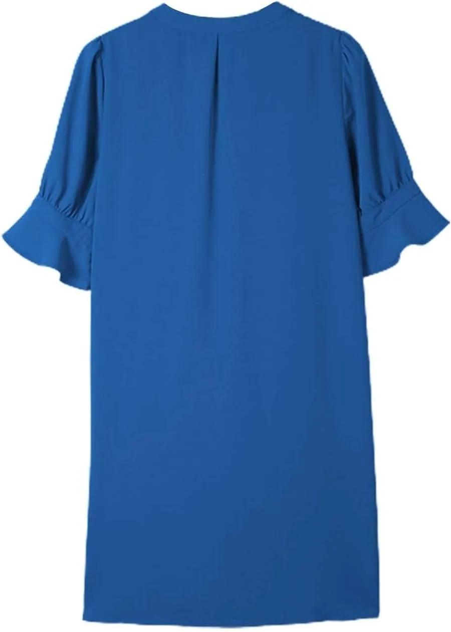 Summer Dresses for Women 2024 Casual V Neck Stylish Tunic Dress Ruffle Short Sleeve Solid Color Loose Flowy Shirt Dresses