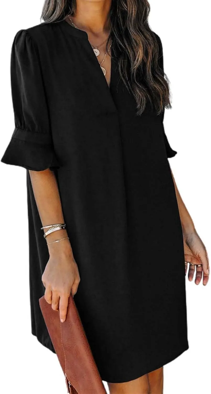 Summer Dresses for Women 2024 Casual V Neck Stylish Tunic Dress Ruffle Short Sleeve Solid Color Loose Flowy Shirt Dresses