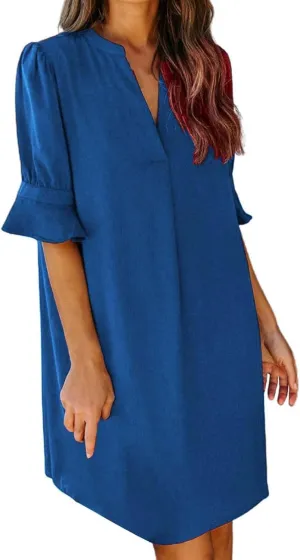 Summer Dresses for Women 2024 Casual V Neck Stylish Tunic Dress Ruffle Short Sleeve Solid Color Loose Flowy Shirt Dresses