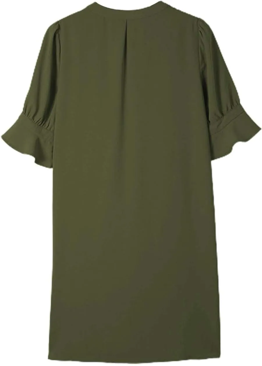 Summer Dresses for Women 2024 Casual V Neck Stylish Tunic Dress Ruffle Short Sleeve Solid Color Loose Flowy Shirt Dresses