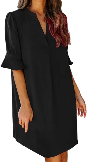 Summer Dresses for Women 2024 Casual V Neck Stylish Tunic Dress Ruffle Short Sleeve Solid Color Loose Flowy Shirt Dresses