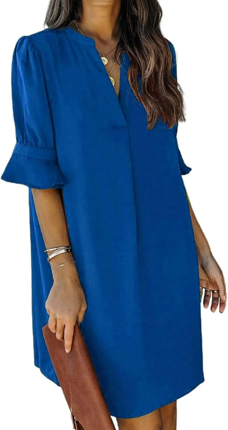 Summer Dresses for Women 2024 Casual V Neck Stylish Tunic Dress Ruffle Short Sleeve Solid Color Loose Flowy Shirt Dresses